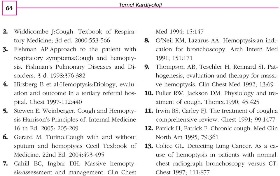 Weinberger. Cough and Hemoptysis Harrison s Principles of. Internal Medicine 16 th Ed. 2005: 205-209 6. Gerard M. Turino:Cough with and without sputum and hemoptysis Cecil Texbook of Medicine.