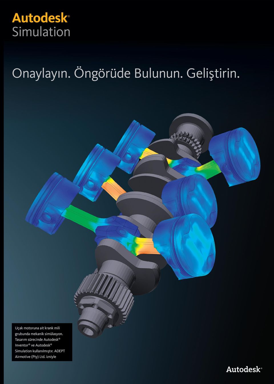 Uçak motoruna ait krank mili grubunda mekanik simülasyon.