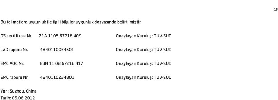 4840110034501 Onaylayan Kuruluş: TUV-SUD EMC AOC Nr.