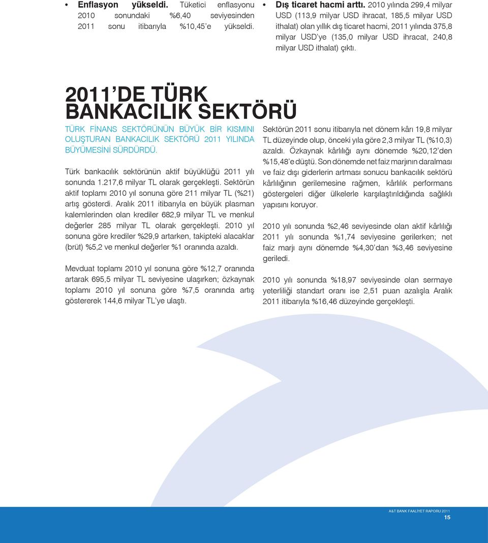 çıktı. 2011 DE TÜRK BANKACILIK SEKTÖRÜ Türk finans sektörünün büyük bir kısmını oluşturan bankacılık sektörü 2011 yılında büyümesini sürdürdü.