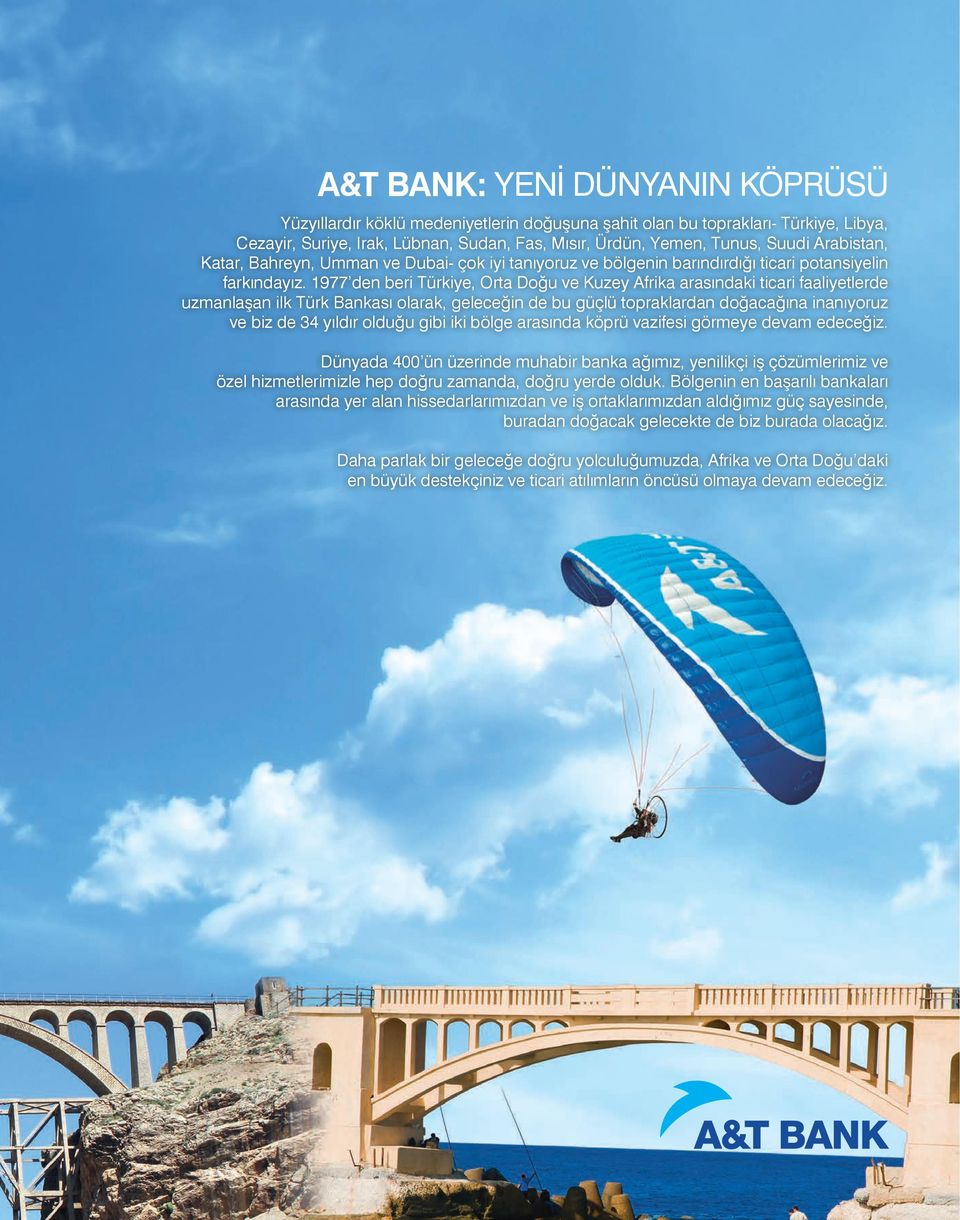 1977 den beri Türkiye, Orta Doğu ve Kuzey Afrika arasındaki ticari faaliyetlerde uzmanlaşan ilk Türk Bankası olarak, geleceğin de bu güçlü topraklardan doğacağına inanıyoruz ve biz de 34 yıldır