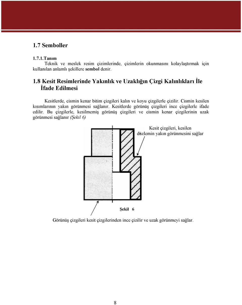 8 Kesit Resimlerinde Yakınlık ve Uzaklığın Çizgi Kalınlıkları İle İfade Edilmesi Kesitlerde, cismin kenar bitim çizgileri kalın ve koyu çizgilerle çizilir.