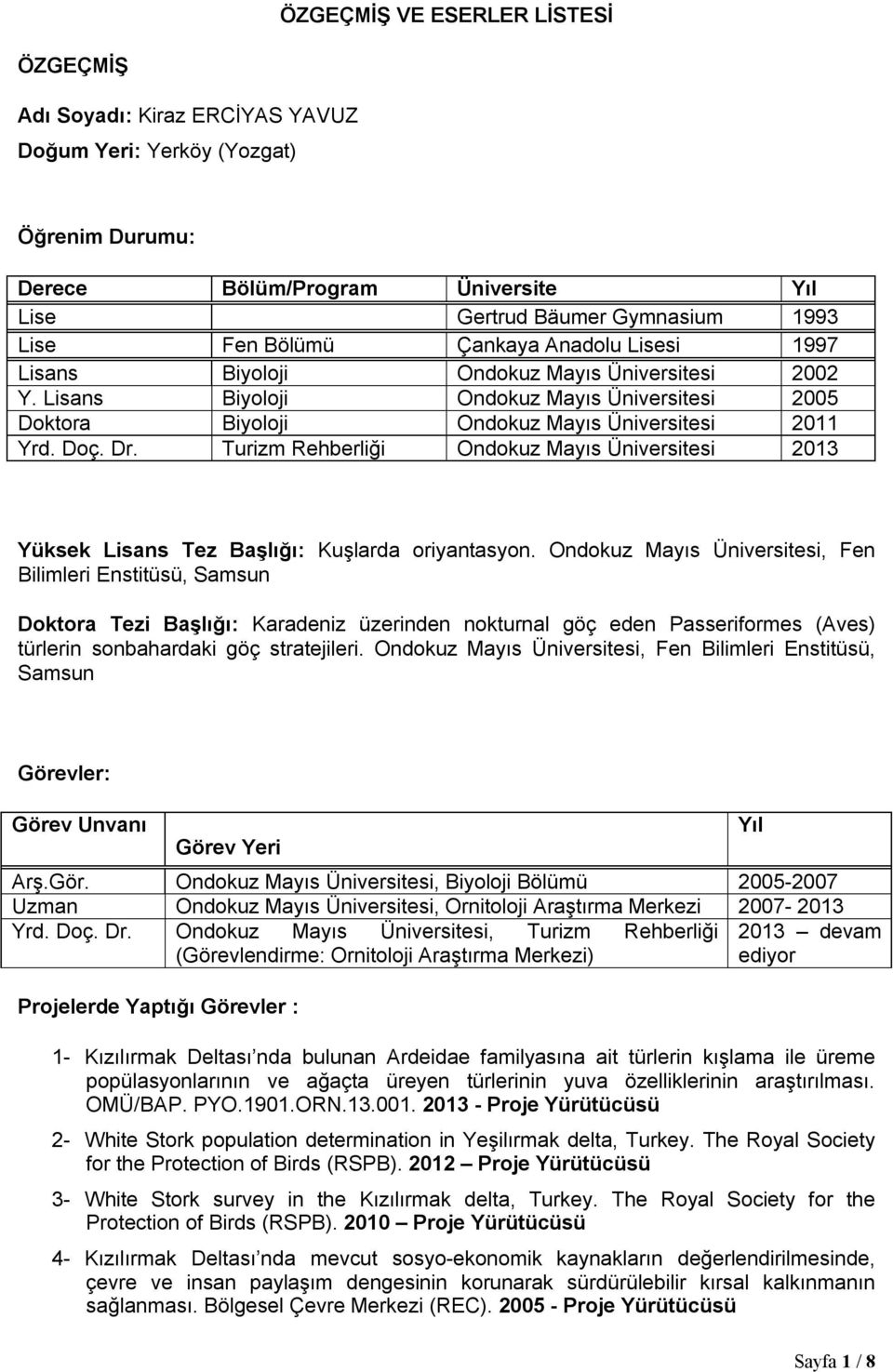 Turizm Rehberliği Ondokuz Mayıs Üniversitesi 2013 Yüksek Lisans Tez Başlığı: Kuşlarda oriyantasyon.