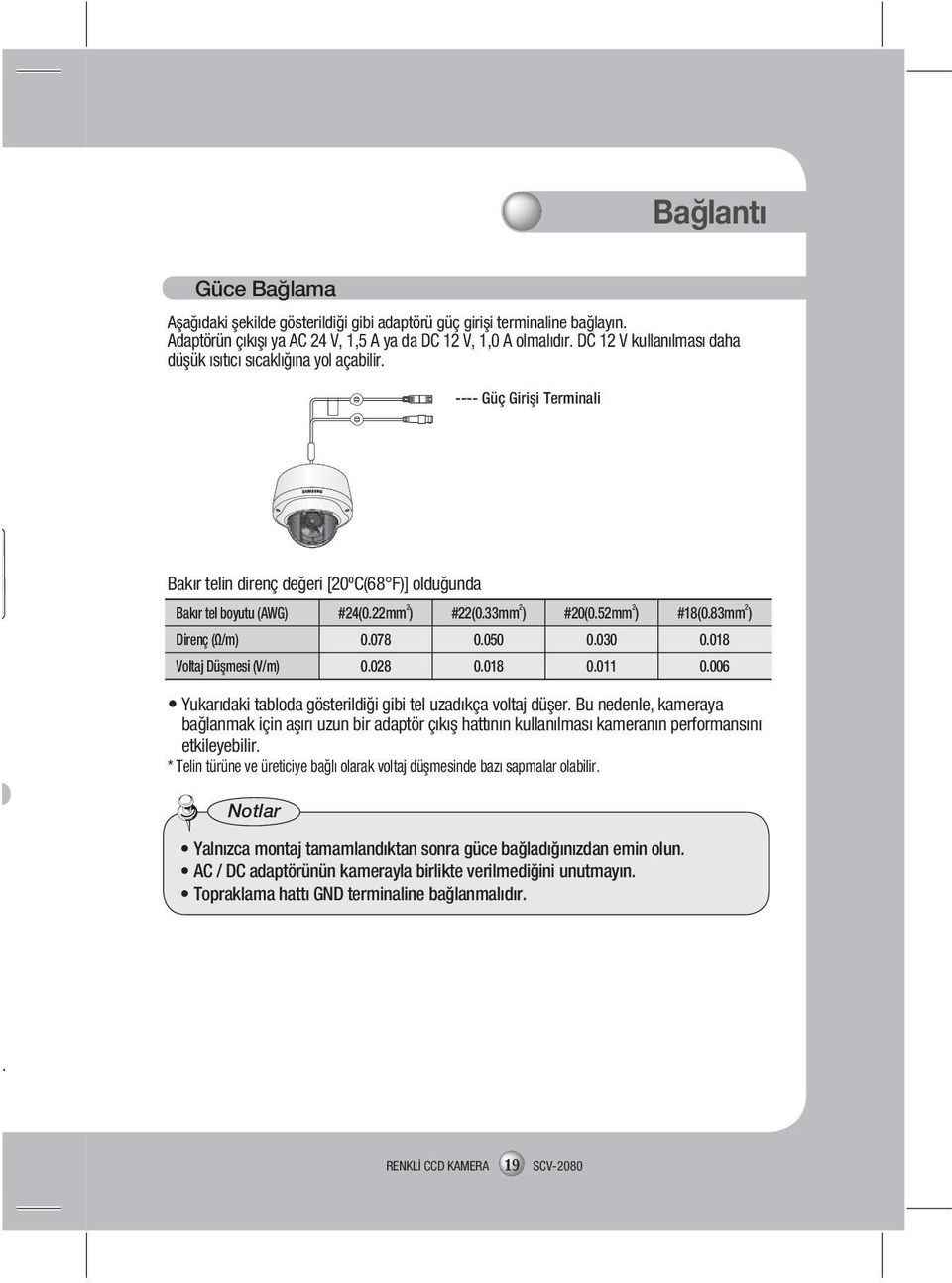 52mm 2 ) #18(0.83mm 2 ) Direnç (Ω/m) 0.078 0.050 0.030 0.018 Voltaj Düşmesi (V/m) 0.028 0.018 0.011 0.006 Yukarıdaki tabloda gösterildiği gibi tel uzadıkça voltaj düşer.