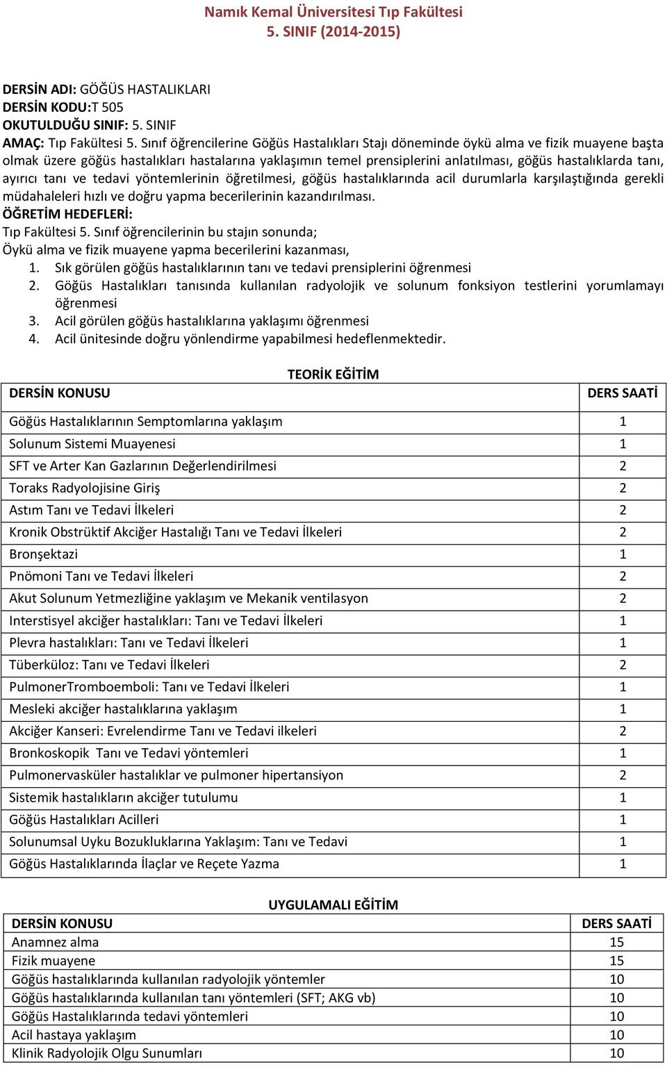 tanı, ayırıcı tanı ve tedavi yöntemlerinin öğretilmesi, göğüs hastalıklarında acil durumlarla karşılaştığında gerekli müdahaleleri hızlı ve doğru yapma becerilerinin kazandırılması.