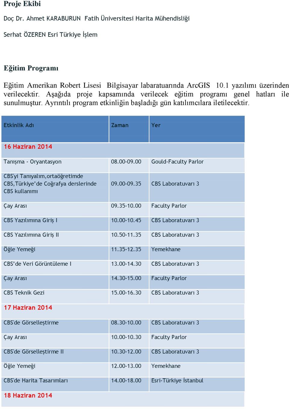 Etkinlik Adı Zaman Yer 16 Haziran 2014 Tanışma - Oryantasyon 08.00-09.00 Gould-Faculty Parlor CBS'yi Tanıyalım,ortaöğretimde CBS,Türkiye de Coğrafya derslerinde CBS kullanımı 09.00-09.35 CBS Laboratuvarı 3 Çay Arası 09.