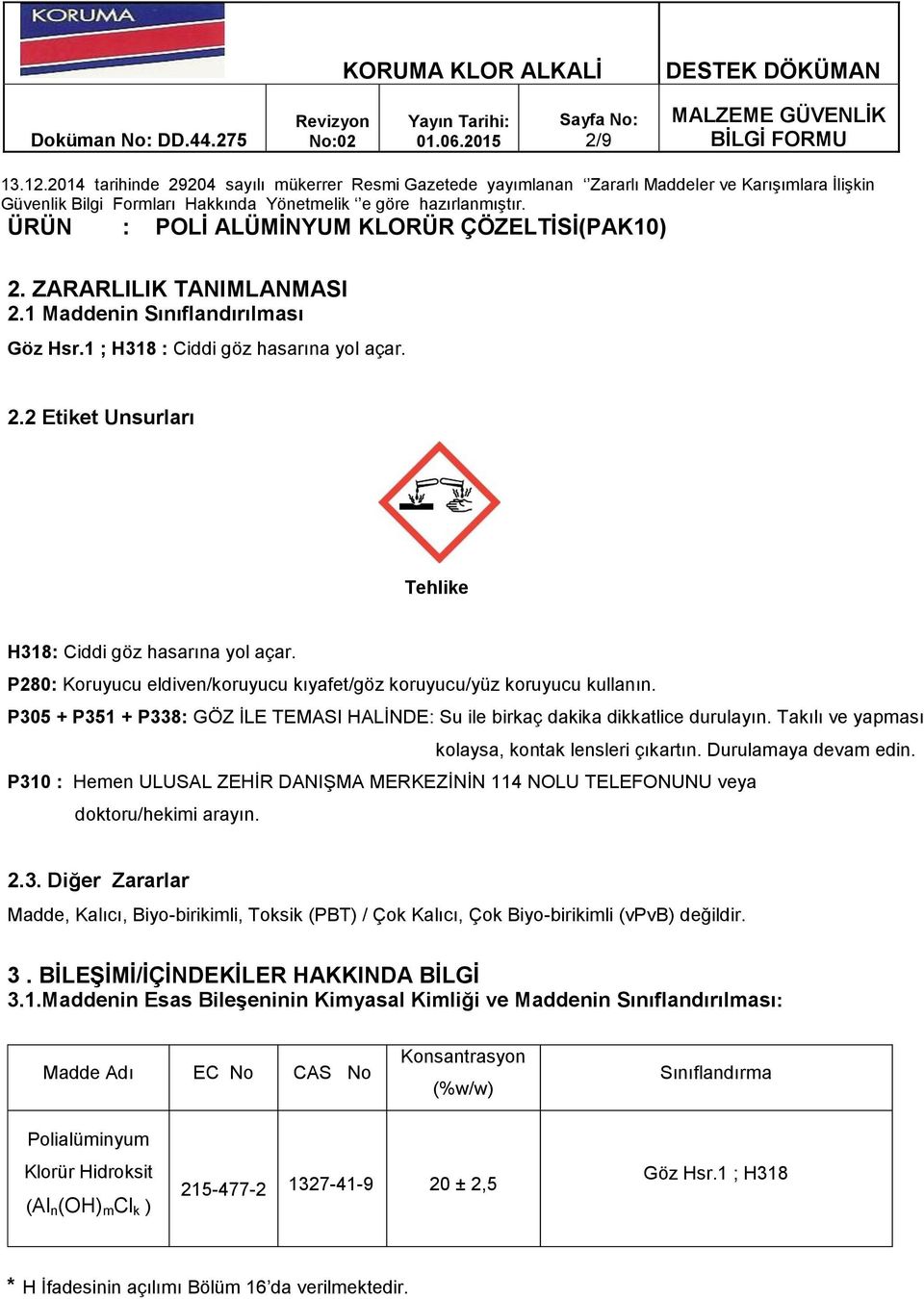 Takılı ve yapması kolaysa, kontak lensleri çıkartın. Durulamaya devam edin. P310 : Hemen ULUSAL ZEHİR DANIŞMA MERKEZİNİN 114 NOLU TELEFONUNU veya doktoru/hekimi arayın. 2.3. Diğer Zararlar Madde, Kalıcı, Biyo-birikimli, Toksik (PBT) / Çok Kalıcı, Çok Biyo-birikimli (vpvb) değildir.