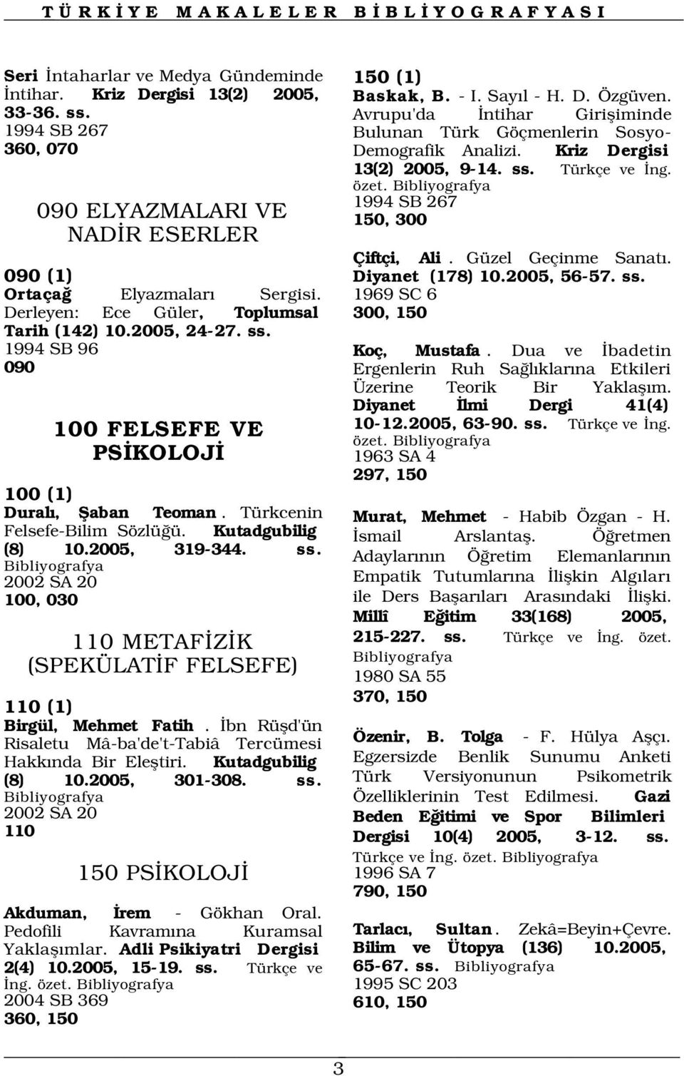 Kriz Dergisi 13(2) 2005, 9-14. ss. Türkçe ve ng. özet. 1994 SB 267 150, 300 Çiftçi, Ali. Güzel Geçinme Sanat. Diyanet (178) 10.2005, 56-57. ss. 1969 SC 6 300, 150 1994 SB 96 Koç, Mustafa.