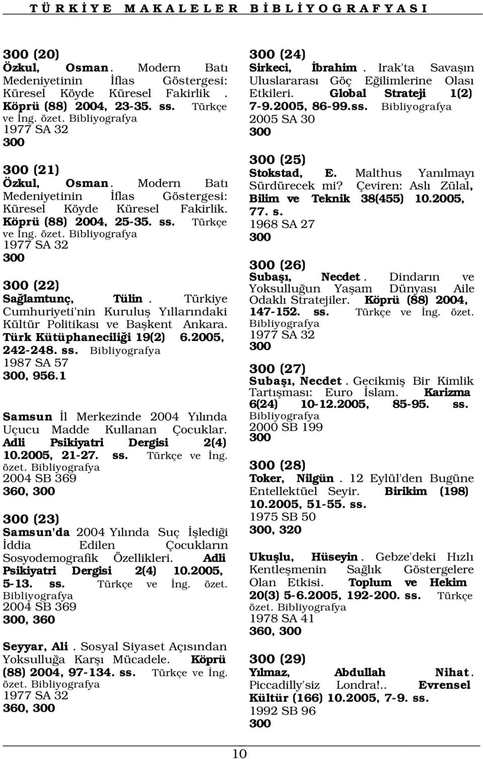 Modern Bat Medeniyetinin flas Göstergesi: Küresel Köyde Küresel Fakirlik. Köprü (88) 2004, 25-35. ss. Türkçe ve ng. özet. 1977 SA 32 300 300 (22) Sa lamtunç, Tülin.