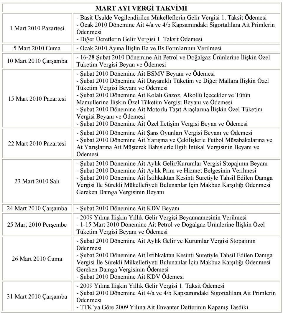Taksit Ödemesi 5 Mart 2010 Cuma - Ocak 2010 Ayına İlişlin Ba ve Bs Formlarının Verilmesi 10 Mart 2010 Çarşamba 15 Mart 2010 Pazartesi 22 Mart 2010 Pazartesi 23 Mart 2010 Salı - 16-28 Şubat 2010