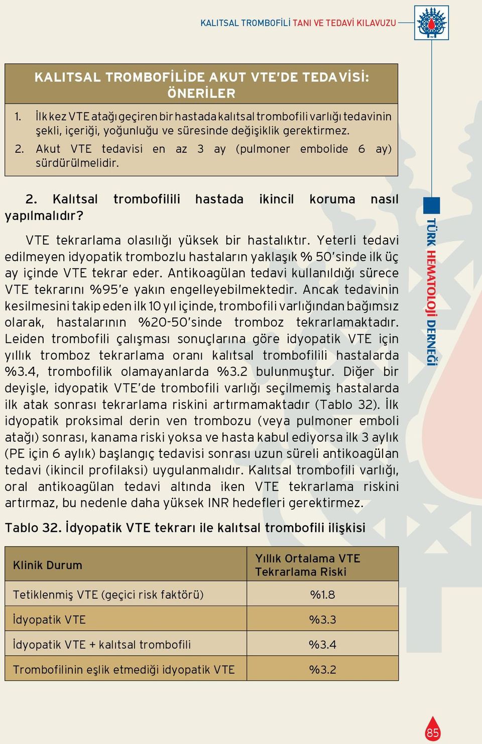 Akut VTE tedavisi en az 3 ay (pulmoner embolide 6 ay) sürdürülmelidir. 2. Kalıtsal trombofilili hastada ikincil koruma nasıl yapılmalıdır? VTE tekrarlama olasılığı yüksek bir hastalıktır.