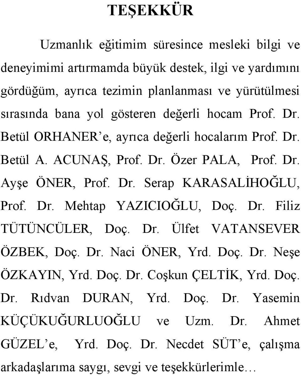 Dr. Mehtap YAZICIOĞLU, Doç. Dr. Filiz TÜTÜNCÜLER, Doç. Dr. Ülfet VATANSEVER ÖZBEK, Doç. Dr. Naci ÖNER, Yrd. Doç. Dr. Neşe ÖZKAYIN, Yrd. Doç. Dr. Coşkun ÇELTİK, Yrd. Doç. Dr. Rıdvan DURAN, Yrd.