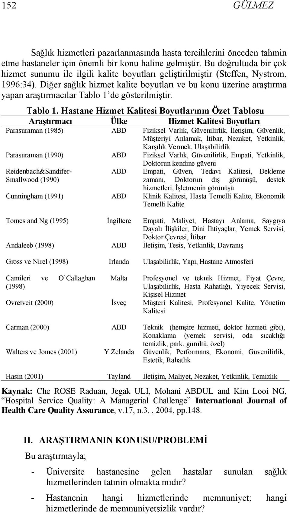 Diğer sağlık hizmet kalite boyutları ve bu konu üzerine araştırma yapan araştırmacılar Tablo 1 