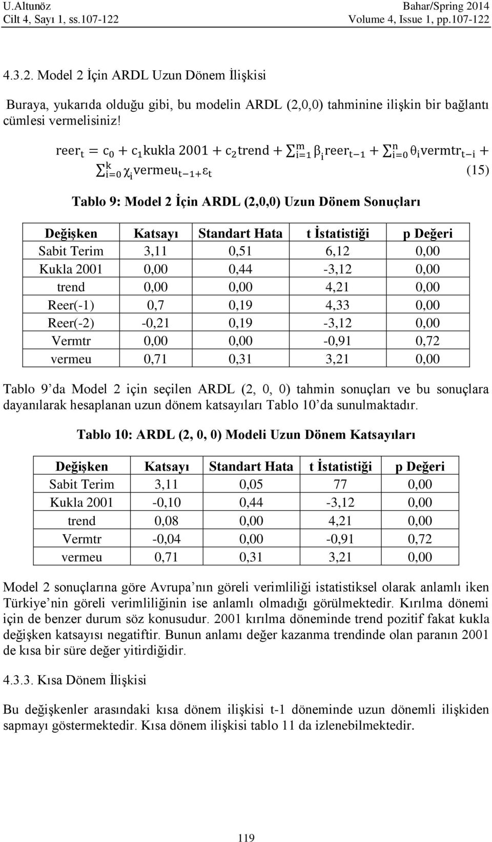 Reer(-1) 0,7 0,19 4,33 0,00 Reer(-2) -0,21 0,19-3,12 0,00 Vermtr 0,00 0,00-0,91 0,72 vermeu 0,71 0,31 3,21 0,00 Tablo 9 da Model 2 için seçilen ARDL (2, 0, 0) tahmin sonuçları ve bu sonuçlara