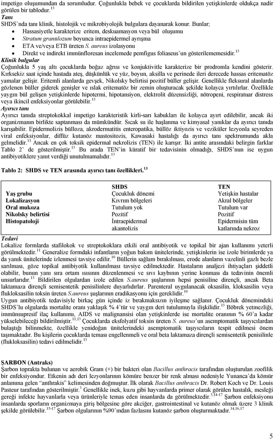 Bunlar; Hassasiyetle karakterize eritem, deskuamasyon veya bül oluşumu Stratum granülozum boyunca intraepidermel ayrışma ETA ve/veya ETB üreten S.