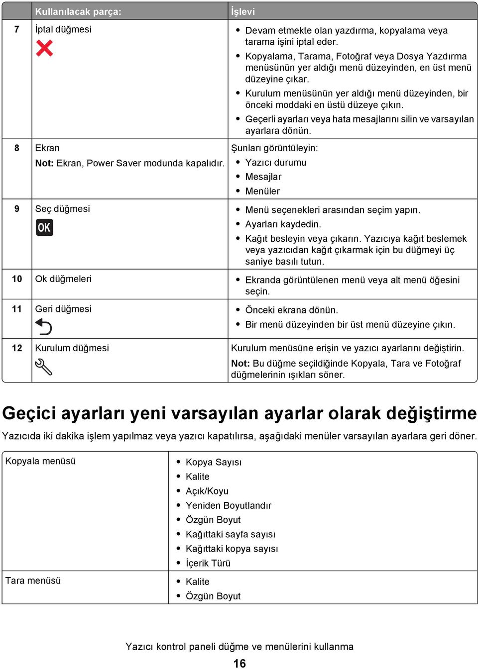 Geçerli ayarları veya hata mesajlarını silin ve varsayılan ayarlara dönün. 8 Ekran Not: Ekran, Power Saver modunda kapalıdır.