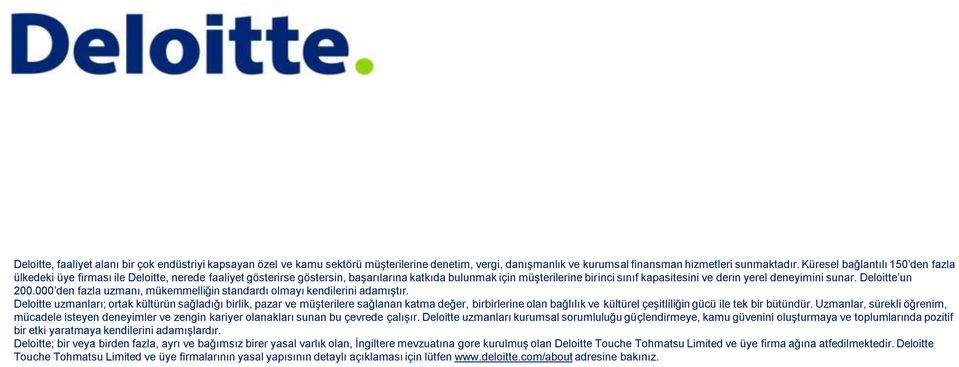 deneyimini sunar. Deloitte un 200.000 den fazla uzmanı, mükemmelliğin standardı olmayı kendilerini adamıştır.