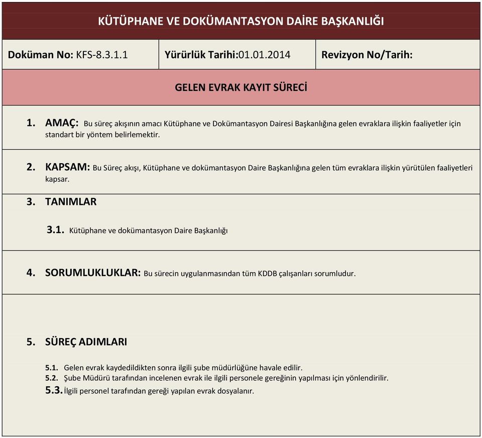 KAPSAM: Bu Süreç akışı, Kütüphane ve dokümantasyon Daire Başkanlığına gelen tüm evraklara ilişkin yürütülen faaliyetleri kapsar. 3. TANIMLAR 3.1. Kütüphane ve dokümantasyon Daire Başkanlığı 4.