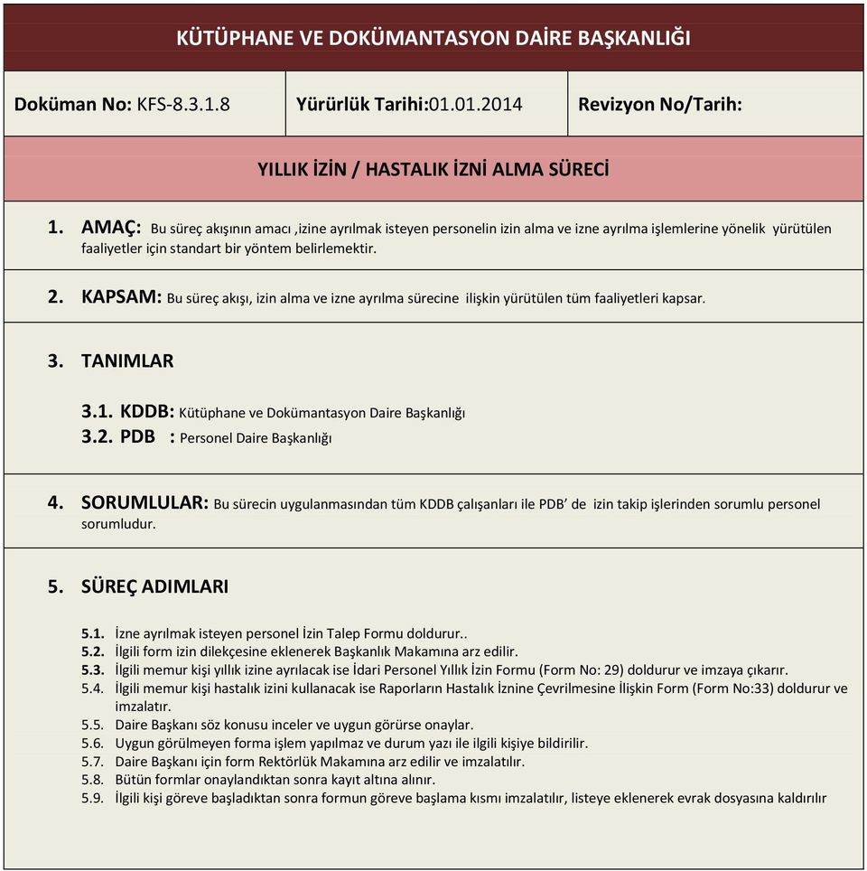 KAPSAM: Bu süreç akışı, izin alma ve izne ayrılma sürecine ilişkin yürütülen tüm faaliyetleri kapsar. 3. TANIMLAR 3.1. KDDB: Kütüphane ve Dokümantasyon Daire Başkanlığı 3.2.