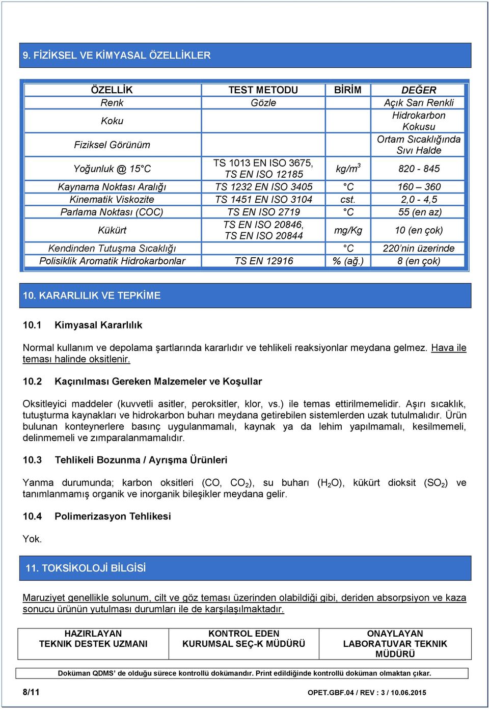 2,0-4,5 Parlama Noktası (COC) TS EN ISO 2719 C 55 (en az) Kükürt TS EN ISO 20846, TS EN ISO 20844 mg/kg 10 (en çok) Kendinden Tutuşma Sıcaklığı C 220 nin üzerinde Polisiklik Aromatik Hidrokarbonlar