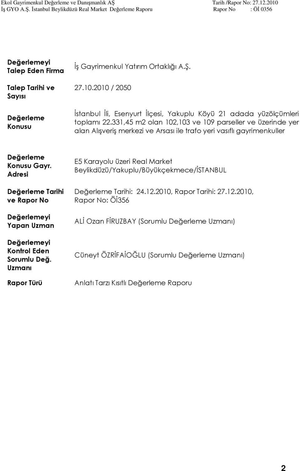 331,45 m2 olan 102,103 ve 109 parseller ve üzerinde yer alan Alışveriş merkezi ve Arsası ile trafo yeri vasıflı gayrimenkuller Değerleme Konusu Gayr.