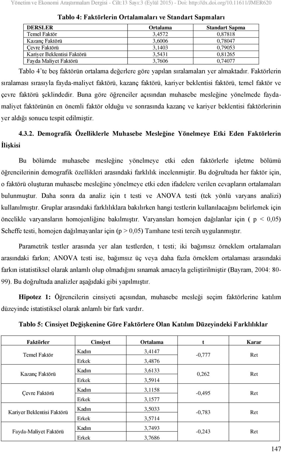 Buna göre öğrenciler açısından muhasebe mesleğine yönelmede faydamaliyet faktörünün en önemli faktör olduğu ve sonrasında kazanç ve kariyer beklentisi faktörlerinin yer aldığı sonucu tespit