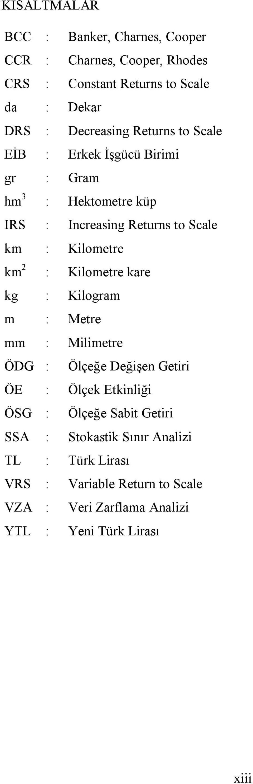 Kilometre km 2 : Kilometre kare kg : Kilogram m : Metre mm : Milimetre ÖDG : Ölçeğe Değişen Getiri ÖE : Ölçek Etkinliği ÖSG : Ölçeğe