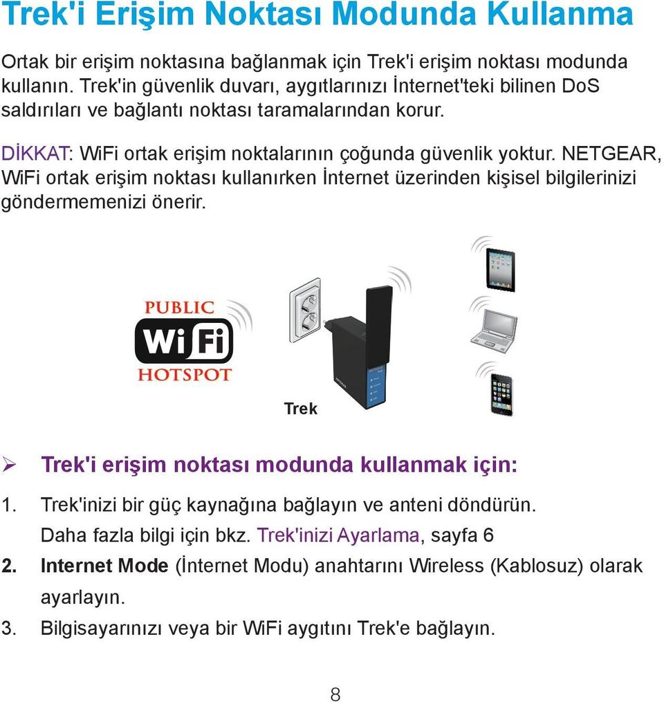 NETGEAR, WiFi ortak erişim noktası kullanırken İnternet üzerinden kişisel bilgilerinizi göndermemenizi önerir. Trek ¾ Trek'i erişim noktası modunda kullanmak için: 1.