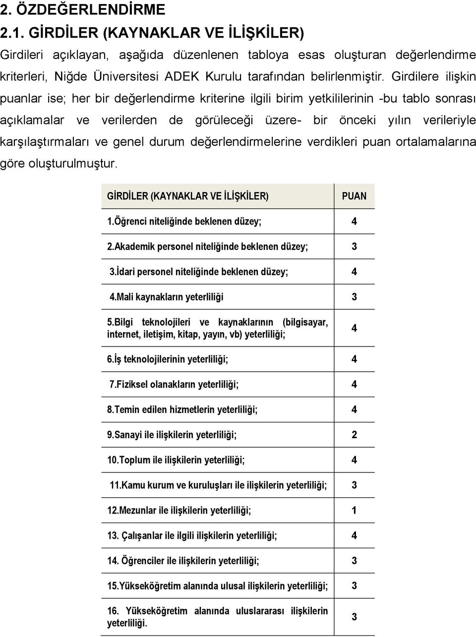 Girdilere iliģkin puanlar ise; her bir değerlendirme kriterine ilgili birim yetkililerinin -bu tablo sonrası açıklamalar ve verilerden de görüleceği üzere- bir önceki yılın verileriyle