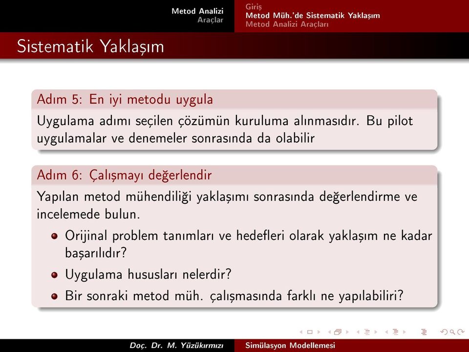 Bu pilot uygulamalar ve denemeler sonrasnda da olabilir Adm 6: Çal³may de erlendir Yaplan metod mühendili i