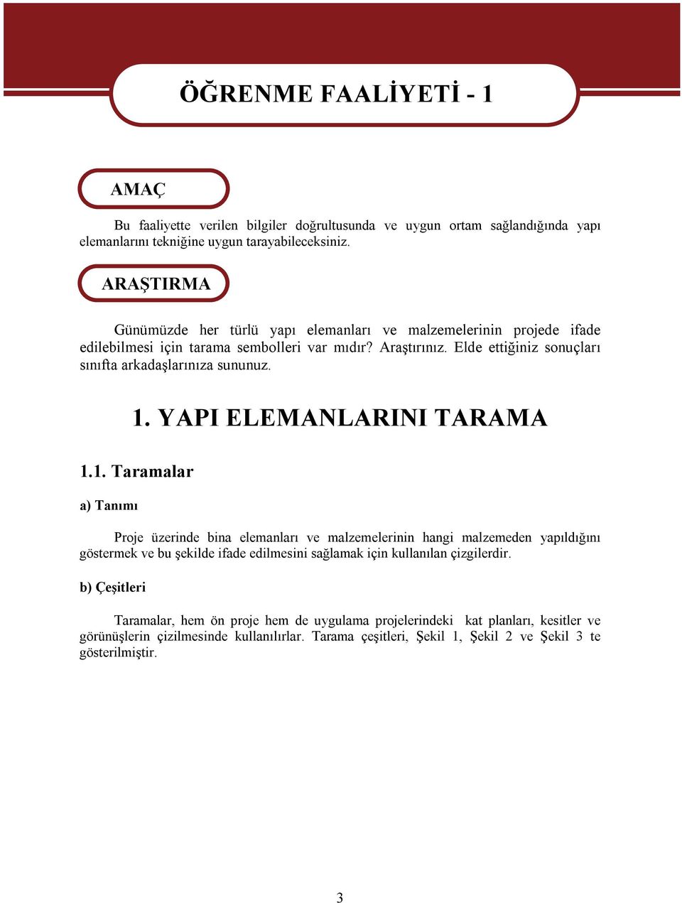 1. YAPI ELEMANLARINI TARAMA 1.1. Taramalar a) Tanımı Proje üzerinde bina elemanları ve malzemelerinin hangi malzemeden yapıldığını göstermek ve bu şekilde ifade edilmesini sağlamak için kullanılan çizgilerdir.