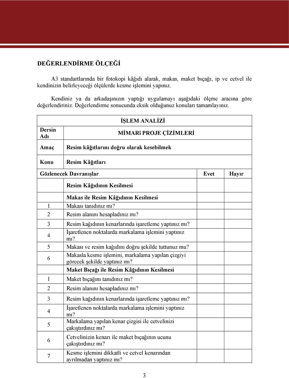 Dersin Adı Amaç Konu İŞLEM ANALİZİ MİMARî PROJE ÇİZİMLERİ Resim kâğıtlarını doğru olarak kesebilmek Resim Kâğıtları Gözlenecek Davranışlar Evet Hayır Resim Kâğıdının Kesilmesi Makas ile Resim