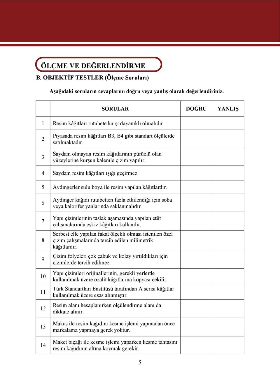 Saydam olmayan resim kâğıtlarının pürüzlü olan yüzeylerine kurşun kalemle çizim yapılır. 4 Saydam resim kâğıtları ışığı geçirmez. 5 Aydıngerler sulu boya ile resim yapılan kâğıtlardır.