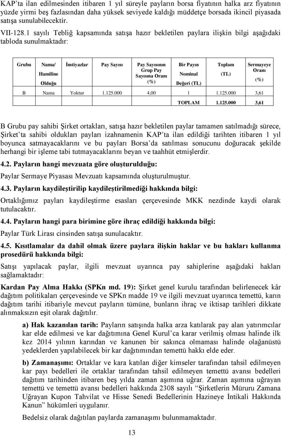 1 sayılı Tebliğ kapsamında satışa hazır bekletilen paylara ilişkin bilgi aşağıdaki tabloda sunulmaktadır: Grubu Nama/ Hamiline Olduğu İmtiyazlar Pay Sayısı Pay Sayısının Grup Pay Sayısına Oranı (%)