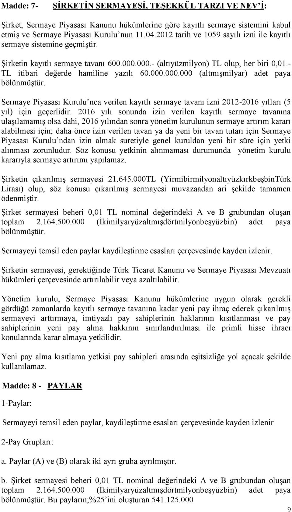 000.000.000 (altmışmilyar) adet paya bölünmüştür. Sermaye Piyasası Kurulu nca verilen kayıtlı sermaye tavanı izni 2012-2016 yılları (5 yıl) için geçerlidir.