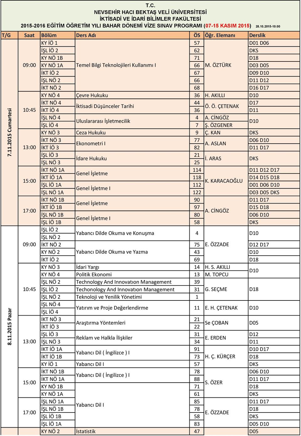 ÖZTÜRK D03 İKT İÖ 2 67 D09 İŞL NÖ 2 66 D11 D12 İKT NÖ 2 68 D16 D17 KY NÖ 4 Çevre Hukuku 36 H. AKILLI İKT NÖ 4 44 D17 İktisadi Düşünceler Tarihi İKT İÖ 4 36 D11 İŞL NÖ 4 4 A.