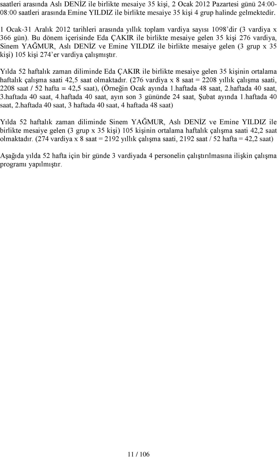 Bu dönem içerisinde Eda ÇAKIR ile birlikte mesaiye gelen 35 kişi 276 vardiya,, ve Emine YILDIZ ile birlikte mesaiye gelen (3 grup x 35 kişi) 105 kişi 274 er vardiya çalışmıştır.