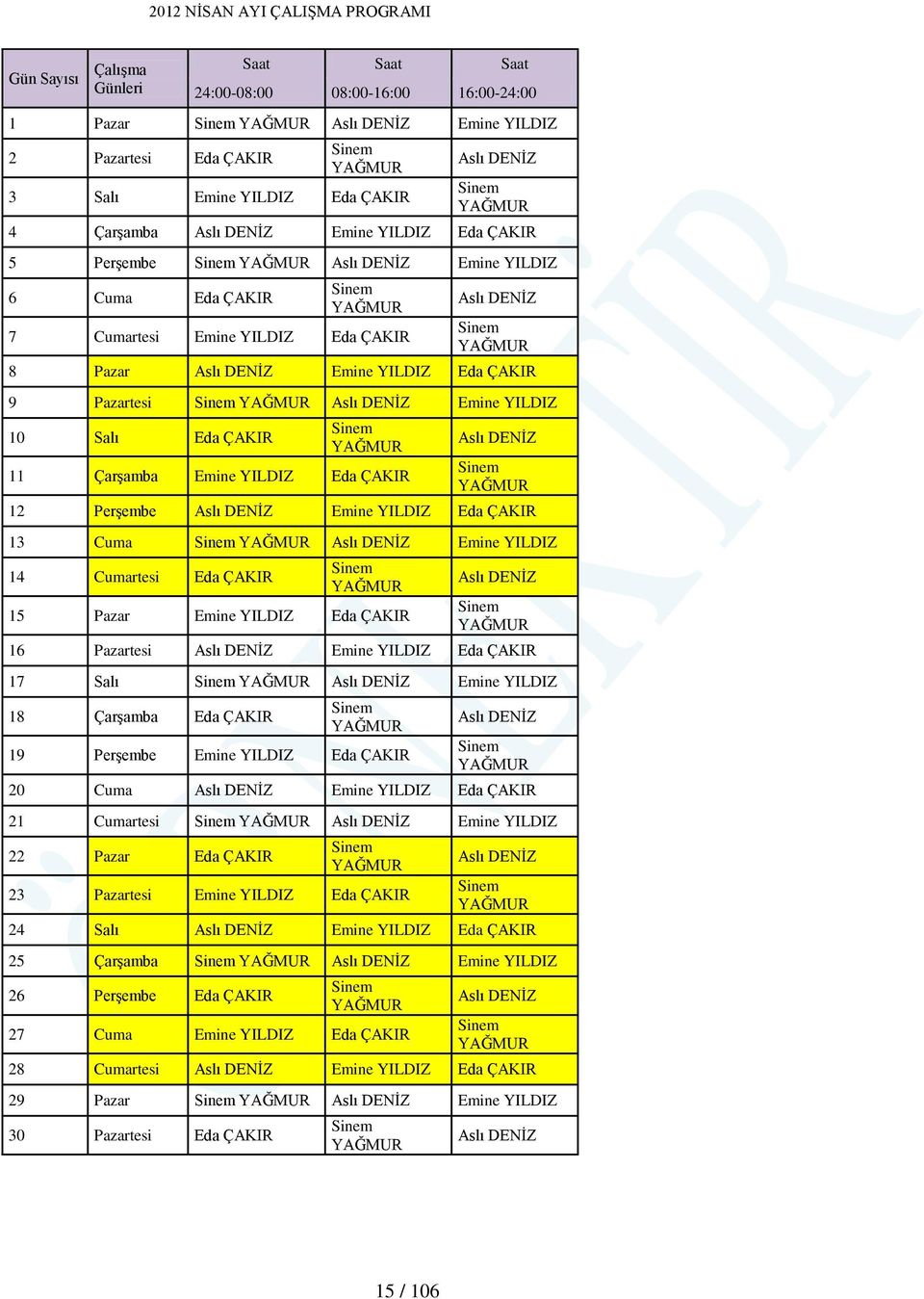 ÇAKIR 12 Perşembe Emine YILDIZ Eda ÇAKIR 13 Cuma Emine YILDIZ 14 Cumartesi Eda ÇAKIR 15 Pazar Emine YILDIZ Eda ÇAKIR 16 Pazartesi Emine YILDIZ Eda ÇAKIR 17 Salı Emine YILDIZ 18 Çarşamba Eda ÇAKIR 19