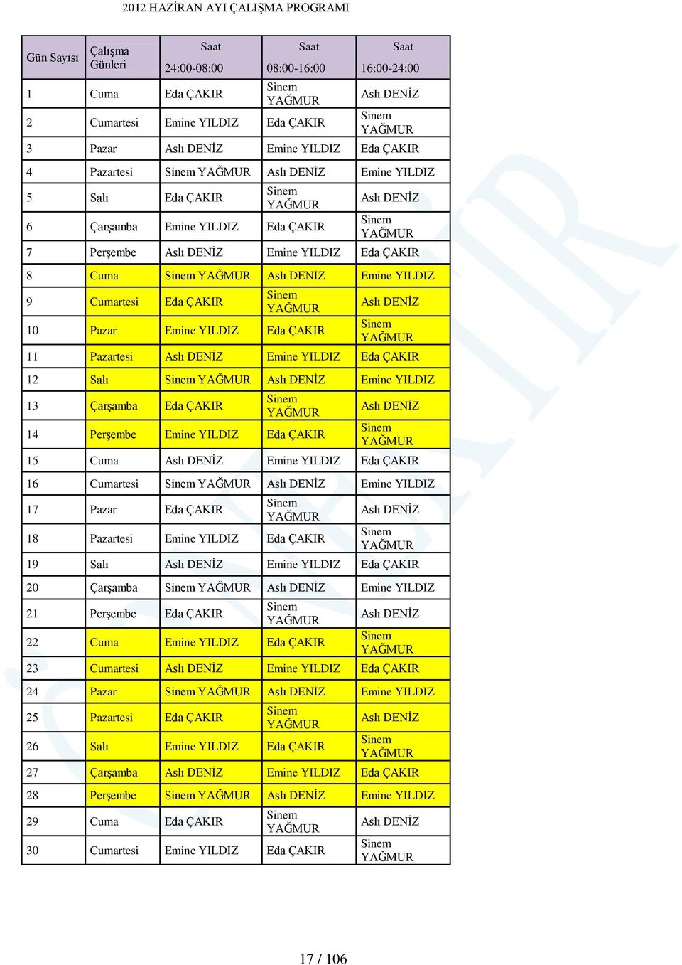 Emine YILDIZ Eda ÇAKIR 12 Salı Emine YILDIZ 13 Çarşamba Eda ÇAKIR 14 Perşembe Emine YILDIZ Eda ÇAKIR 15 Cuma Emine YILDIZ Eda ÇAKIR 16 Cumartesi Emine YILDIZ 17 Pazar Eda ÇAKIR 18 Pazartesi Emine