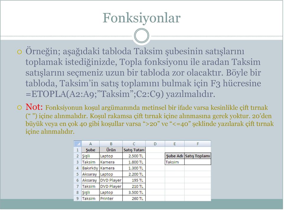 Böyle bir tabloda, Taksim in satıģ toplamını bulmak için F3 hücresine =ETOPLA(A2:A9; Taksim ;C2:C9) yazılmalıdır.