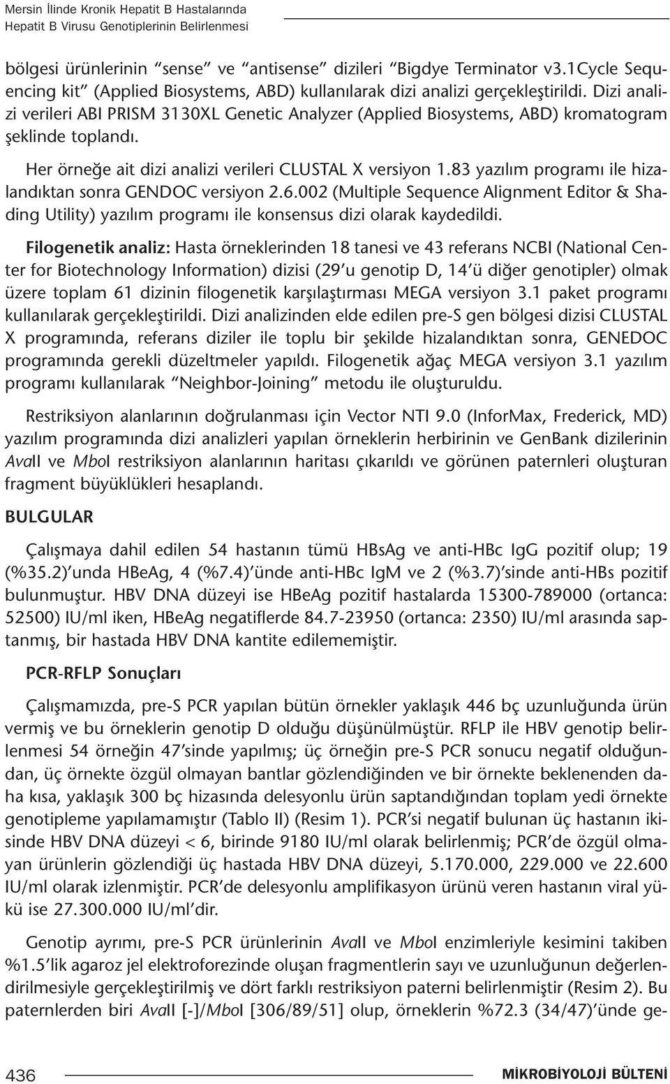 Dizi analizi verileri ABI PRISM 3130XL Genetic Analyzer (Applied Biosystems, ABD) kromatogram şeklinde toplandı. Her örneğe ait dizi analizi verileri CLUSTAL X versiyon 1.