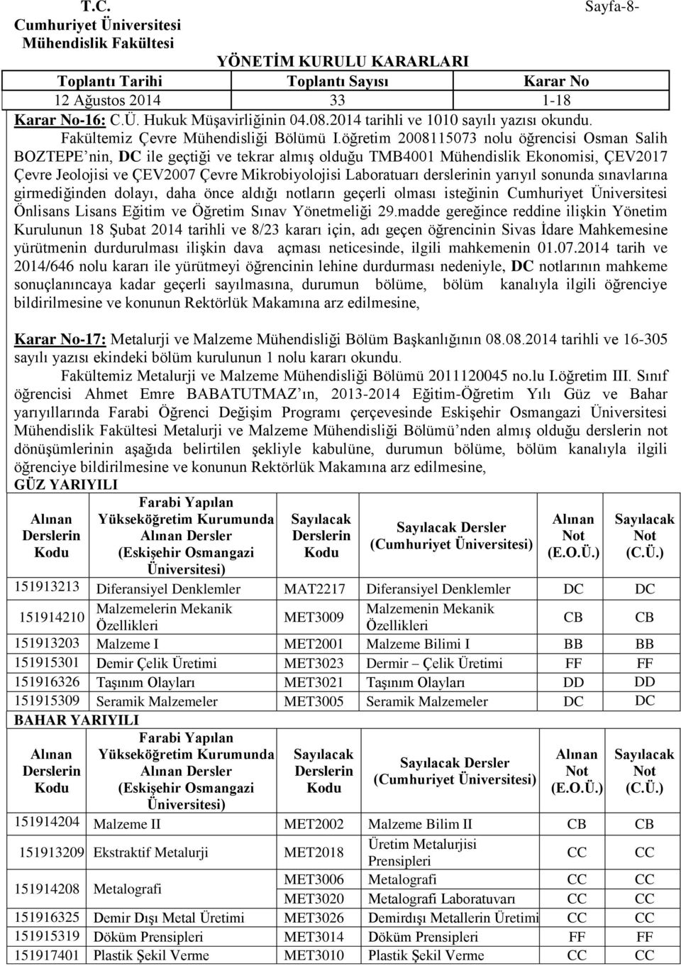 derslerinin yarıyıl sonunda sınavlarına girmediğinden dolayı, daha önce aldığı notların geçerli olması isteğinin Önlisans Lisans Eğitim ve Öğretim Sınav Yönetmeliği 9.