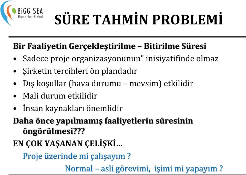 Mali durum etkilidir İnsan kaynakları önemlidir Daha önce yapılmamış faaliyetlerin süresinin