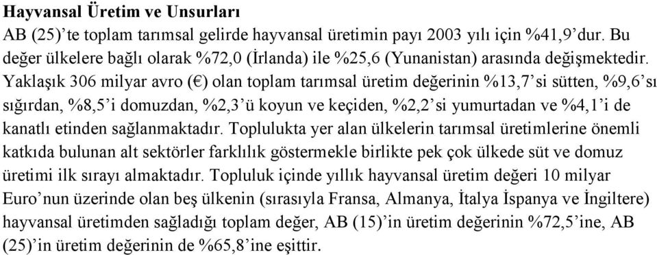 Yaklaşık 306 milyar avro ( ) olan toplam tarımsal üretim değerinin %13,7 si sütten, %9,6 sı sığırdan, %8,5 i domuzdan, %2,3 ü koyun ve keçiden, %2,2 si yumurtadan ve %4,1 i de kanatlı etinden