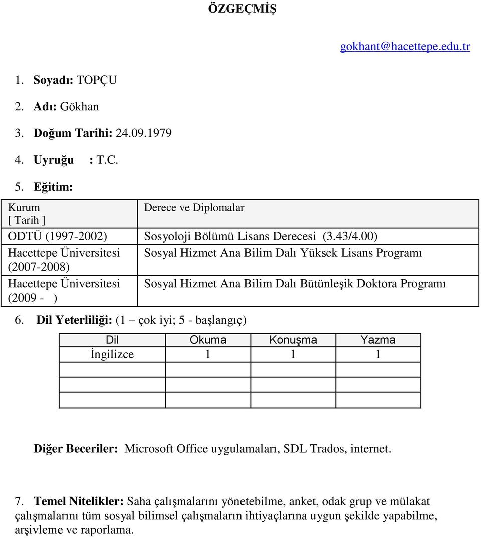 00) Hacettepe Üniversitesi Sosyal Hizmet Ana Bilim Dalı Yüksek Lisans Programı (2007-2008) Hacettepe Üniversitesi Sosyal Hizmet Ana Bilim Dalı Bütünleşik Doktora Programı (2009 - ) 6.