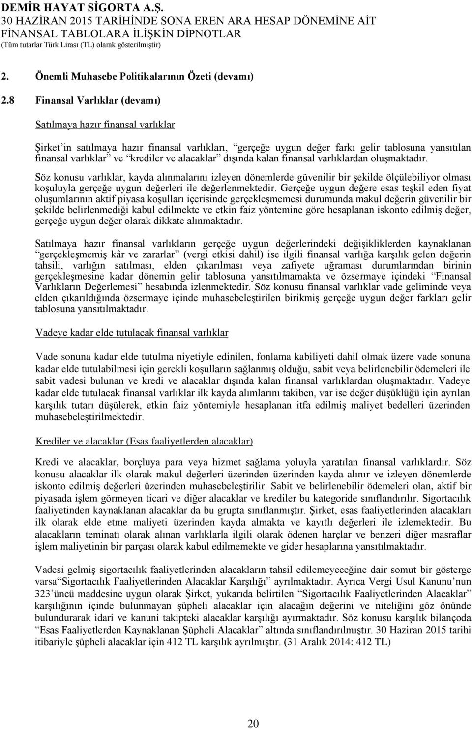 alacaklar dışında kalan finansal varlıklardan oluşmaktadır.