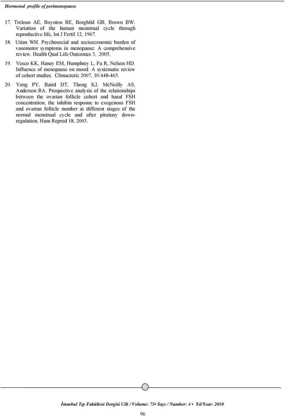 Influence of menopause on mood: A systematic review of cohort studies. Climacteric 2007, 10:448-465. 20. Yong PY, Baird DT, Thong KJ, McNeilly AS, Anderson RA.