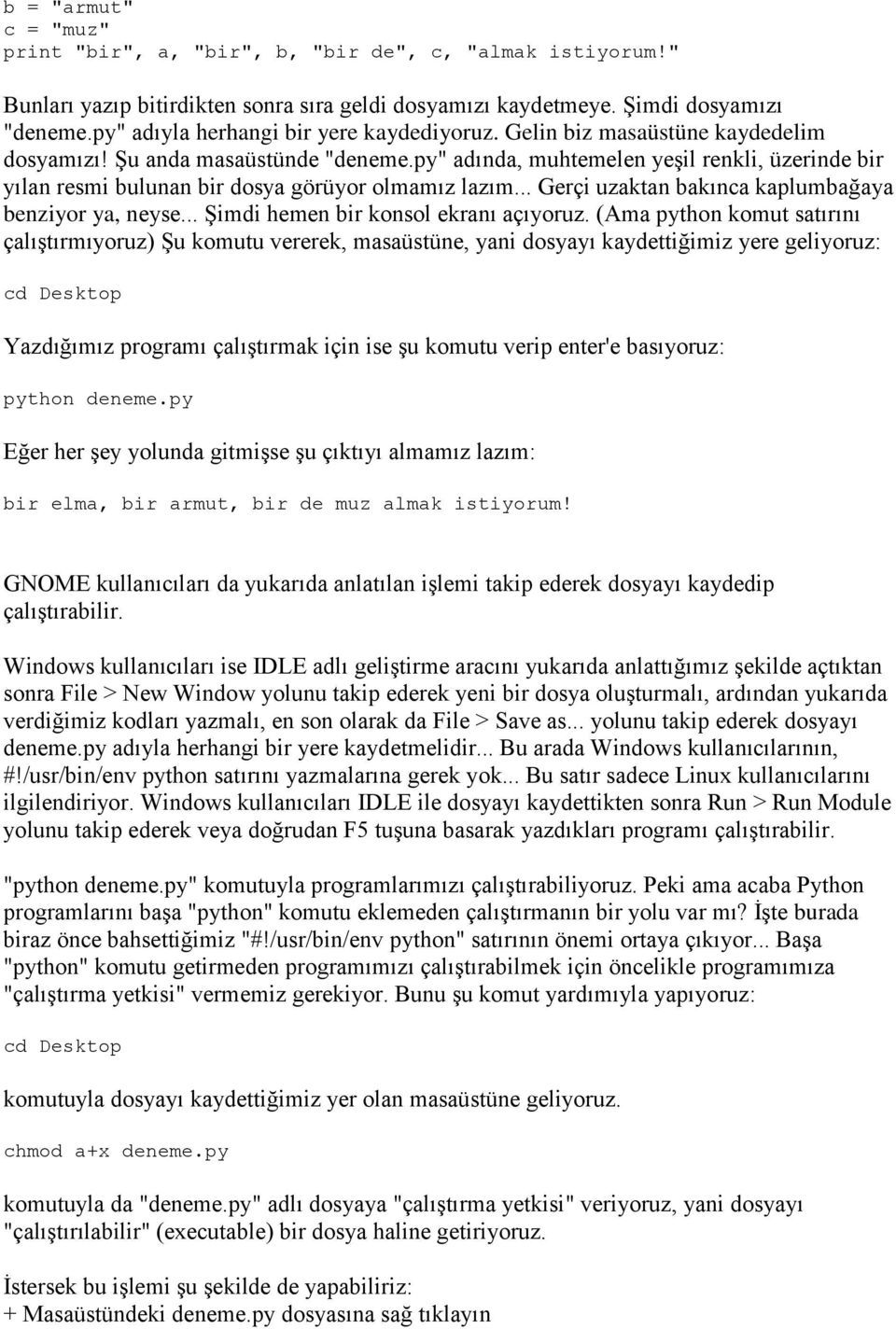 py" adında, muhtemelen yeşil renkli, üzerinde bir yılan resmi bulunan bir dosya görüyor olmamız lazım... Gerçi uzaktan bakınca kaplumbağaya benziyor ya, neyse... Şimdi hemen bir konsol ekranı açıyoruz.