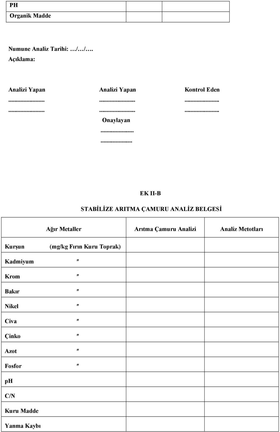 ..... EK II-B STABİLİZE ARITMA ÇAMURU ANALİZ BELGESİ Ağır Metaller Arıtma Çamuru