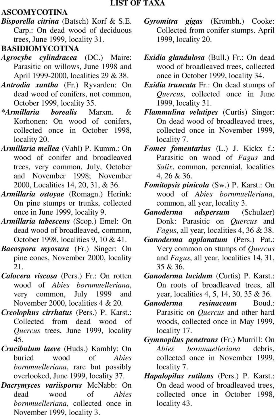 *Armillaria borealis Marxm. & Korhonen: On wood of conifers, collected once in October 1998, locality 20. Armillaria mellea (Vahl) P. Kumm.